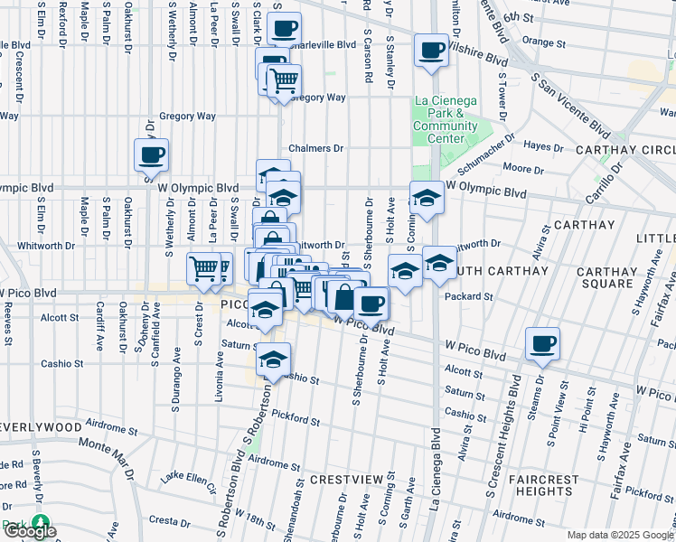 map of restaurants, bars, coffee shops, grocery stores, and more near 1142 South Shenandoah Street in Los Angeles