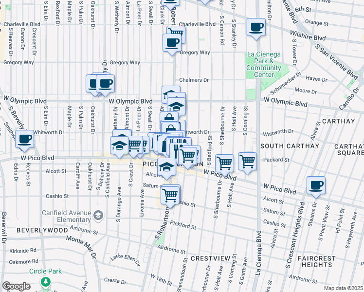 map of restaurants, bars, coffee shops, grocery stores, and more near 1137 South Wooster Street in Los Angeles