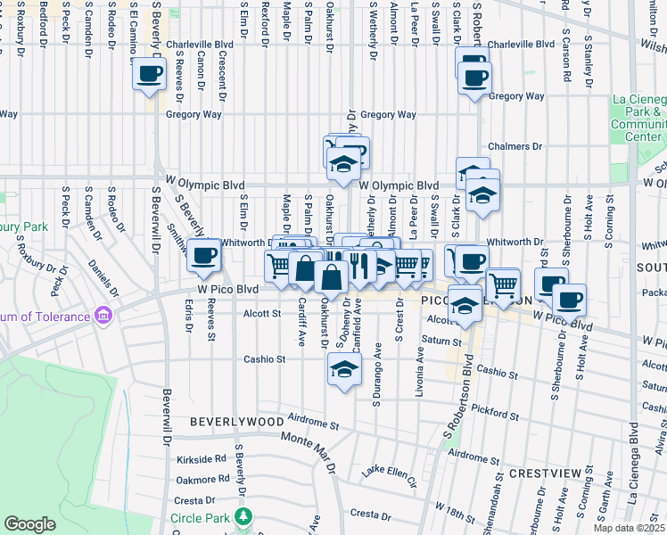 map of restaurants, bars, coffee shops, grocery stores, and more near in Los Angeles