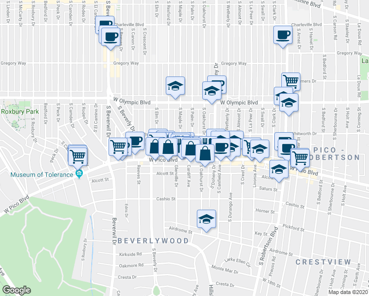 map of restaurants, bars, coffee shops, grocery stores, and more near 1141 Cardiff Avenue in Los Angeles