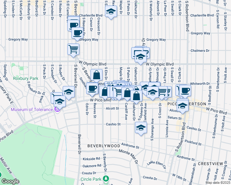 map of restaurants, bars, coffee shops, grocery stores, and more near 1140 Rexford Drive in Los Angeles