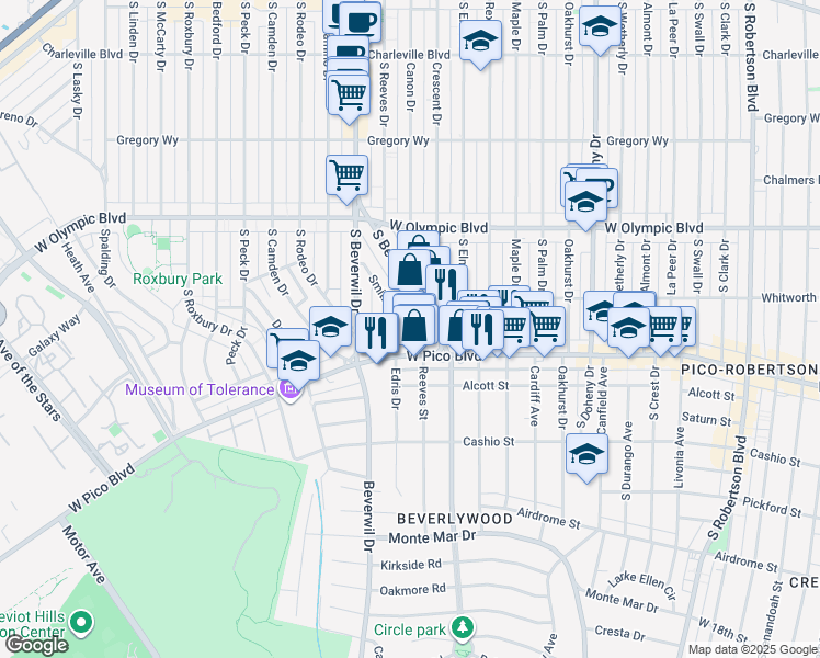 map of restaurants, bars, coffee shops, grocery stores, and more near 1167 South Beverly Drive in Los Angeles