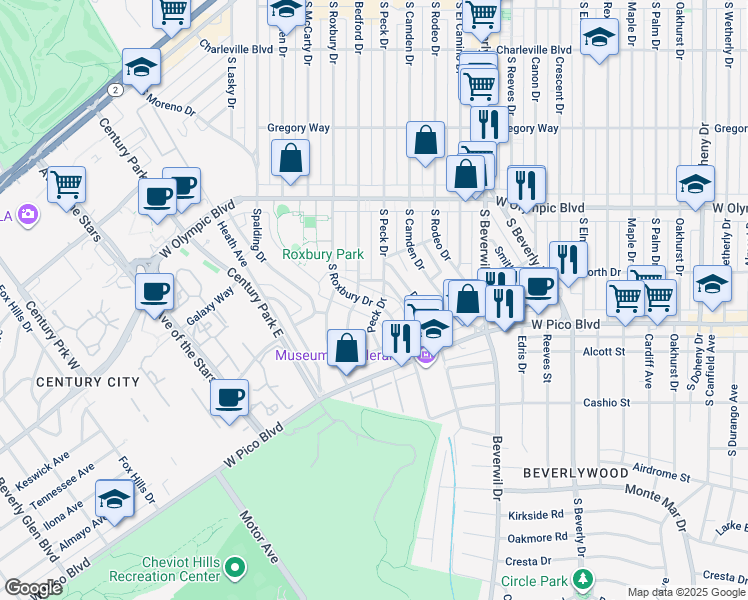 map of restaurants, bars, coffee shops, grocery stores, and more near 1201 South Roxbury Drive in Los Angeles