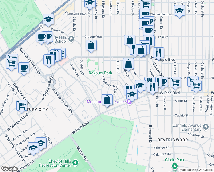 map of restaurants, bars, coffee shops, grocery stores, and more near 1214 Beverly Green Drive in Los Angeles