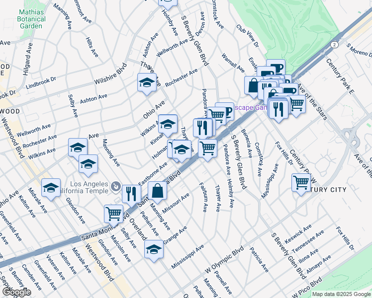 map of restaurants, bars, coffee shops, grocery stores, and more near 10514 Eastborne Avenue in Los Angeles