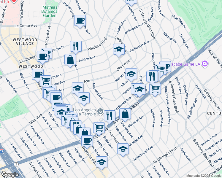 map of restaurants, bars, coffee shops, grocery stores, and more near 10633 Kinnard Avenue in Los Angeles
