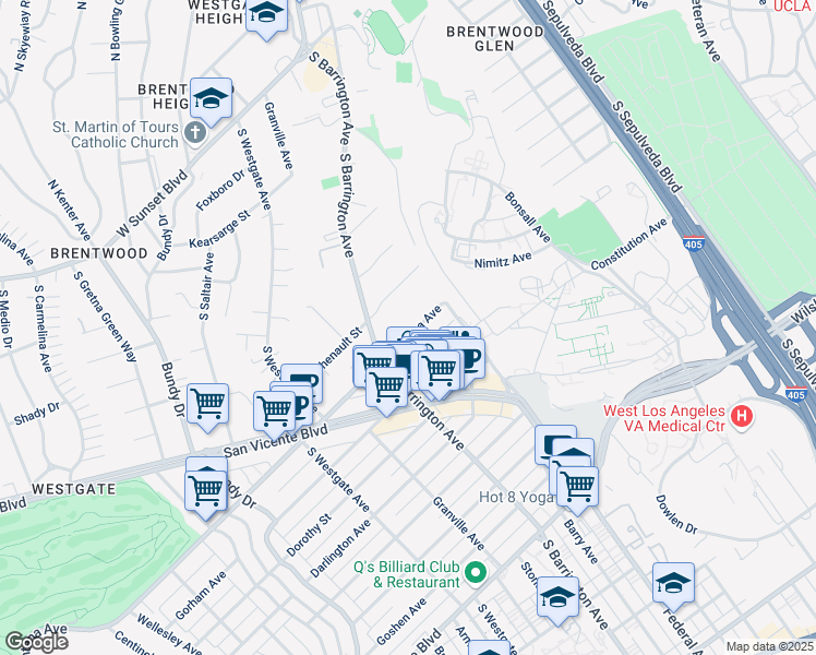 map of restaurants, bars, coffee shops, grocery stores, and more near 11636 Montana Avenue in Los Angeles