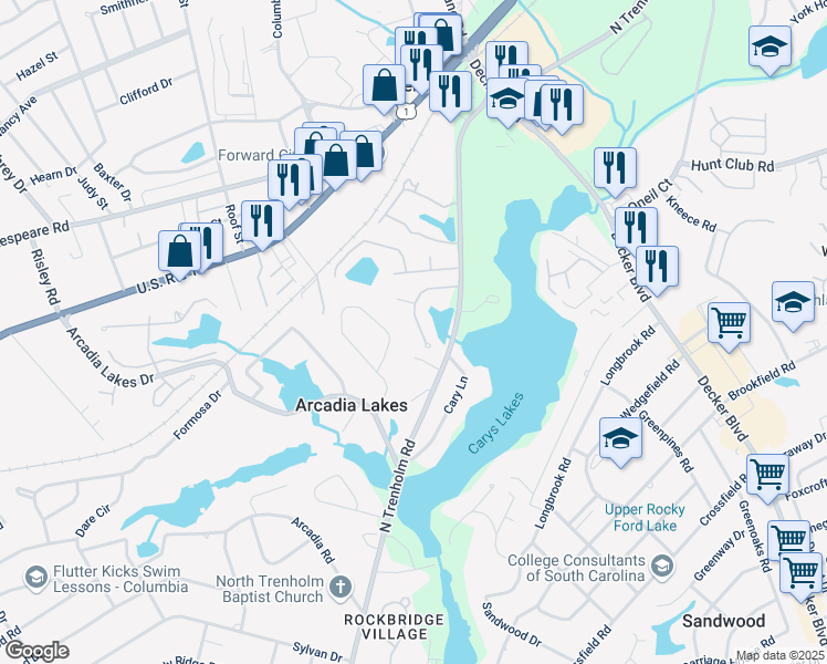 map of restaurants, bars, coffee shops, grocery stores, and more near 179 Arcadia Springs Circle in Columbia