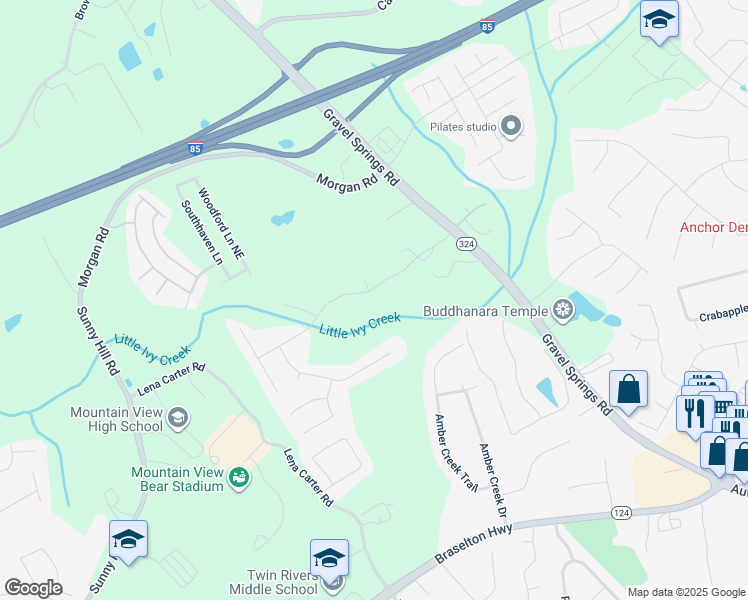 map of restaurants, bars, coffee shops, grocery stores, and more near 2455 Kirkstone Drive in Buford