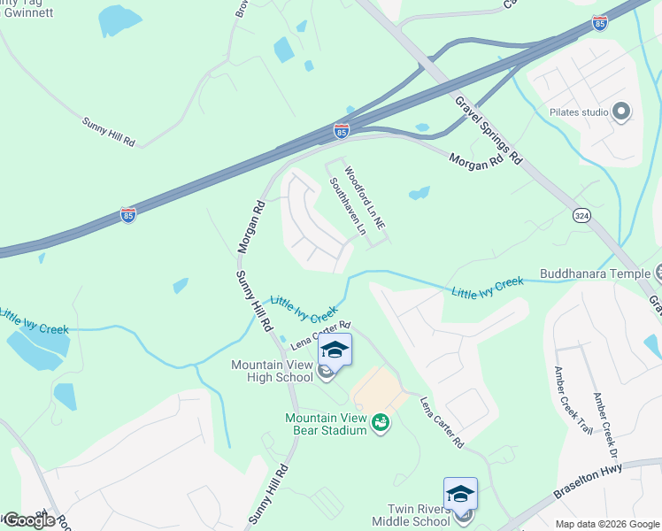 map of restaurants, bars, coffee shops, grocery stores, and more near 2345 Valley Mill Drive in Buford