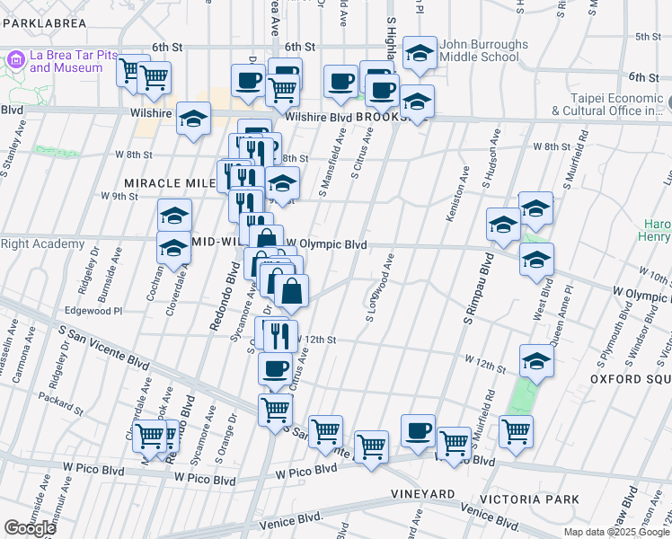 map of restaurants, bars, coffee shops, grocery stores, and more near 1032 South Citrus Avenue in Los Angeles