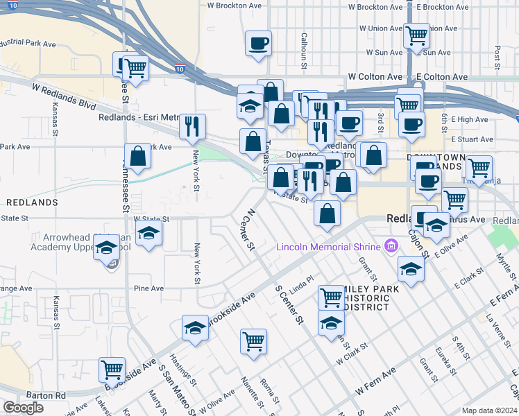map of restaurants, bars, coffee shops, grocery stores, and more near 60 North Michigan Street in Redlands