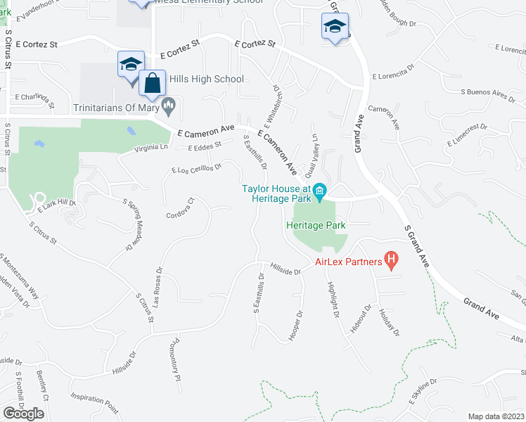 map of restaurants, bars, coffee shops, grocery stores, and more near 912 South Easthills Drive in West Covina