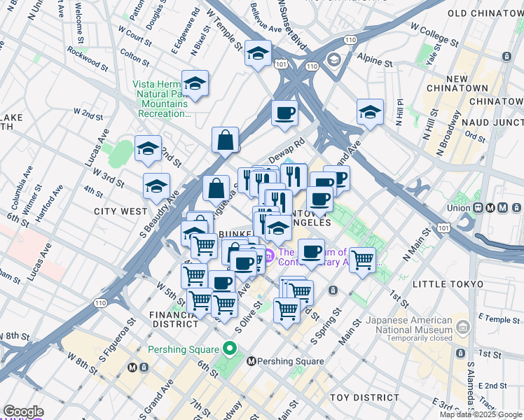 map of restaurants, bars, coffee shops, grocery stores, and more near 121 South Hope Street in Los Angeles