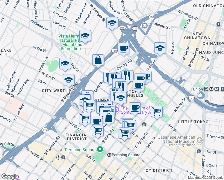 map of restaurants, bars, coffee shops, grocery stores, and more near 121 South Hope Street in Los Angeles