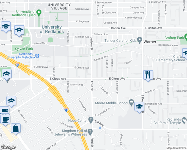 map of restaurants, bars, coffee shops, grocery stores, and more near 20 Judson Street in Redlands