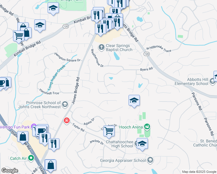 map of restaurants, bars, coffee shops, grocery stores, and more near 4925 Byers Road in Alpharetta