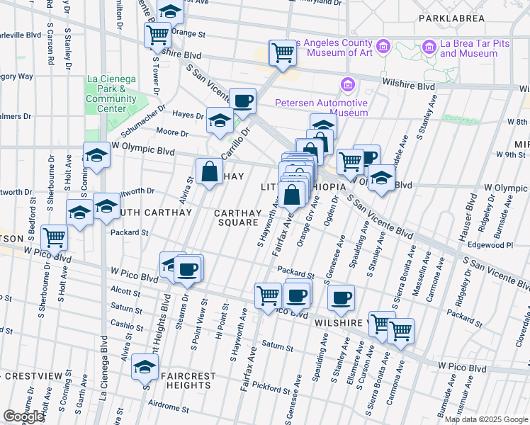 map of restaurants, bars, coffee shops, grocery stores, and more near 6161 Whitworth Drive in Los Angeles