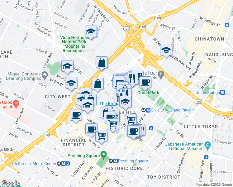 map of restaurants, bars, coffee shops, grocery stores, and more near 121 South Hope Street in Los Angeles