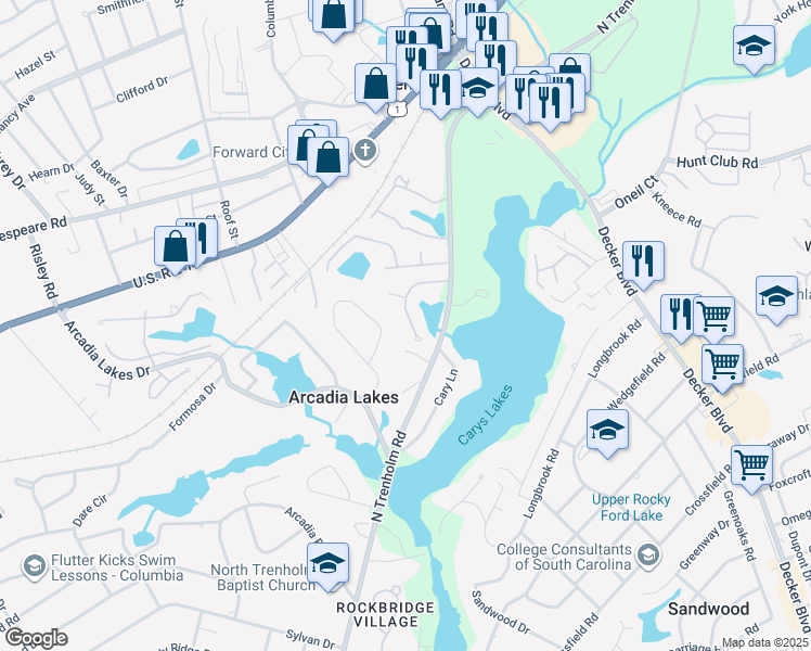 map of restaurants, bars, coffee shops, grocery stores, and more near 179 Arcadia Springs Circle in Columbia