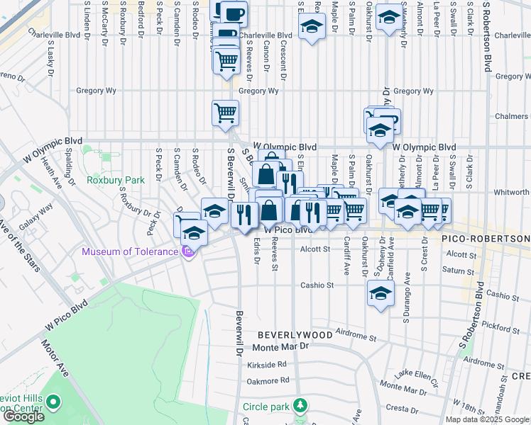 map of restaurants, bars, coffee shops, grocery stores, and more near 1167 South Beverly Drive in Los Angeles