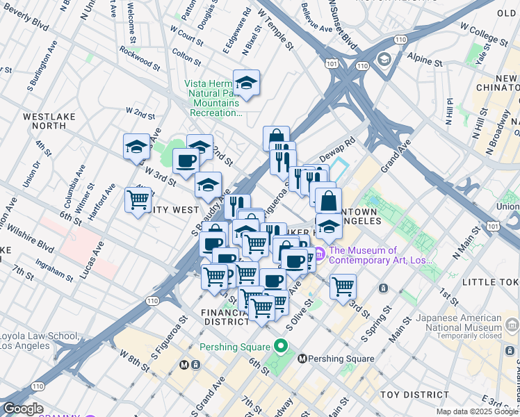 map of restaurants, bars, coffee shops, grocery stores, and more near 235 South Figueroa Street in Los Angeles