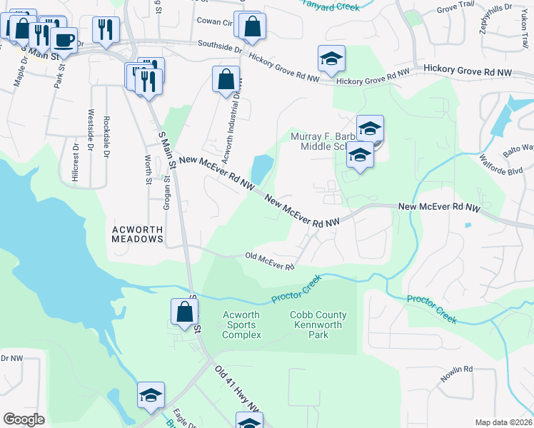 map of restaurants, bars, coffee shops, grocery stores, and more near 3701 New McEver Road Northwest in Acworth