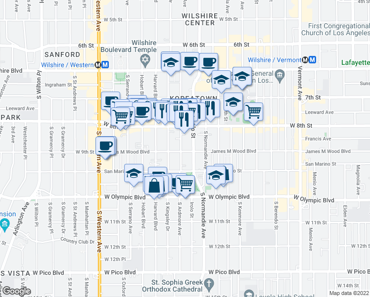 map of restaurants, bars, coffee shops, grocery stores, and more near 869 South Ardmore Avenue in Los Angeles