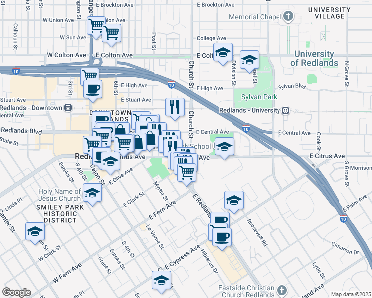 map of restaurants, bars, coffee shops, grocery stores, and more near 716 East State Street in Redlands