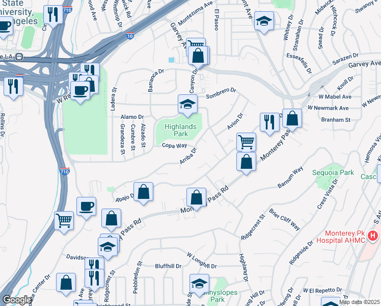 map of restaurants, bars, coffee shops, grocery stores, and more near 1737 Arriba Drive in Monterey Park