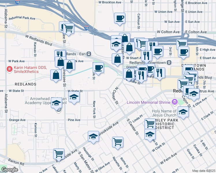 map of restaurants, bars, coffee shops, grocery stores, and more near 900 West State Street in Redlands