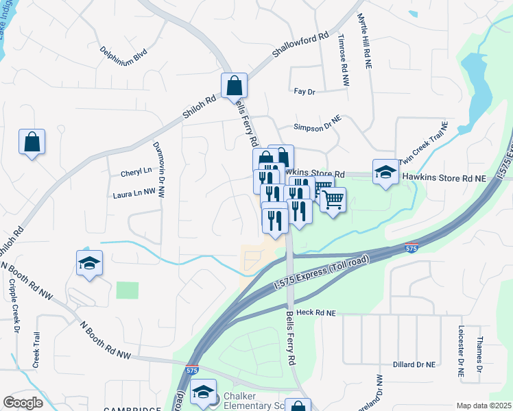 map of restaurants, bars, coffee shops, grocery stores, and more near 430 Bottesford Drive Northwest in Kennesaw