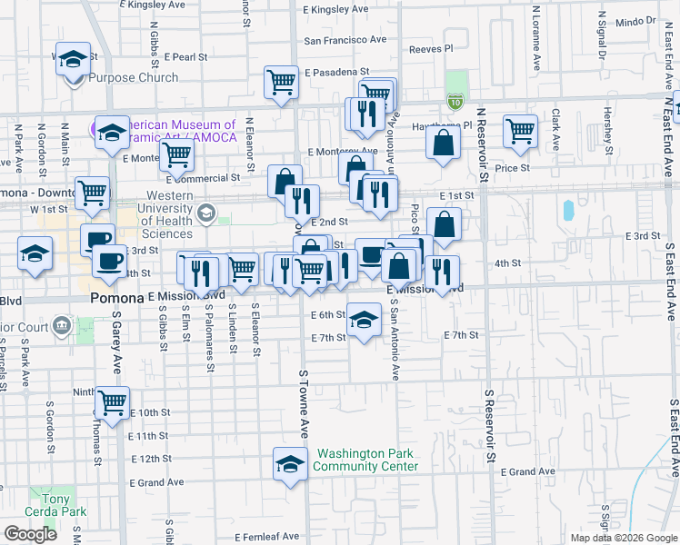 map of restaurants, bars, coffee shops, grocery stores, and more near 890 4th Street in Pomona
