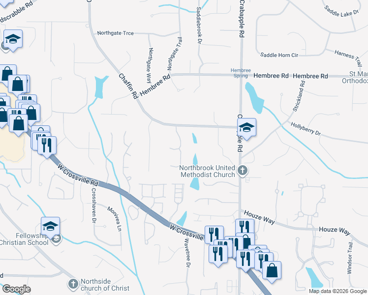 map of restaurants, bars, coffee shops, grocery stores, and more near 2001 Caladium Way in Roswell