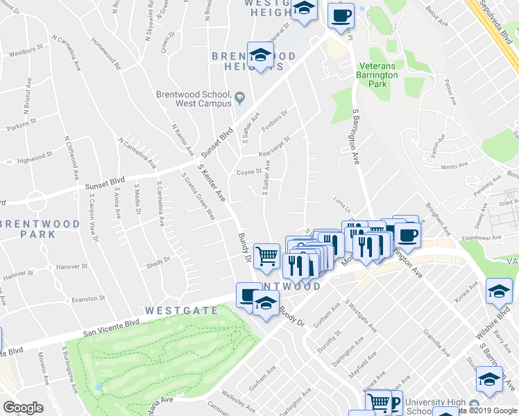 map of restaurants, bars, coffee shops, grocery stores, and more near 363 South Saltair Avenue in Los Angeles