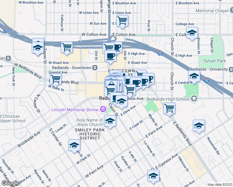 map of restaurants, bars, coffee shops, grocery stores, and more near 19 North 5th Street in Redlands