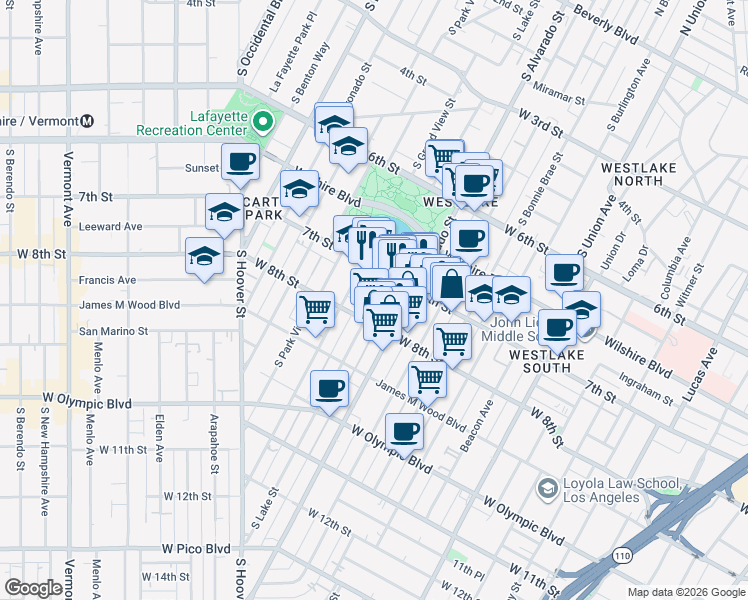 map of restaurants, bars, coffee shops, grocery stores, and more near 736 South Lake Street in Los Angeles
