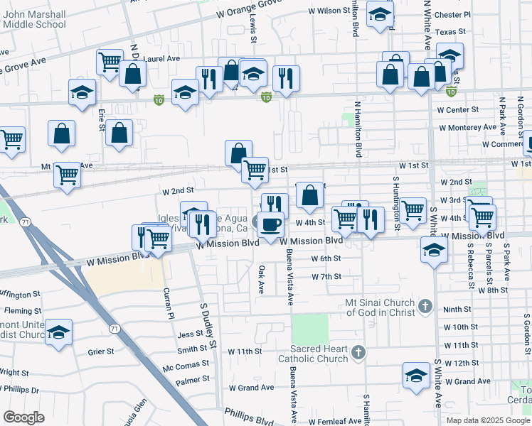 map of restaurants, bars, coffee shops, grocery stores, and more near 1360 West 3rd Street in Pomona