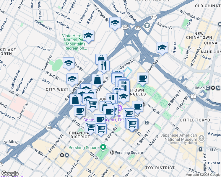 map of restaurants, bars, coffee shops, grocery stores, and more near 800 West 1st Street in Los Angeles