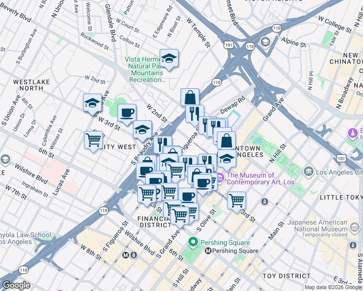 map of restaurants, bars, coffee shops, grocery stores, and more near 201 South Figueroa Street in Los Angeles