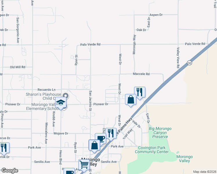 map of restaurants, bars, coffee shops, grocery stores, and more near 49833 Maccele Road in Morongo Valley