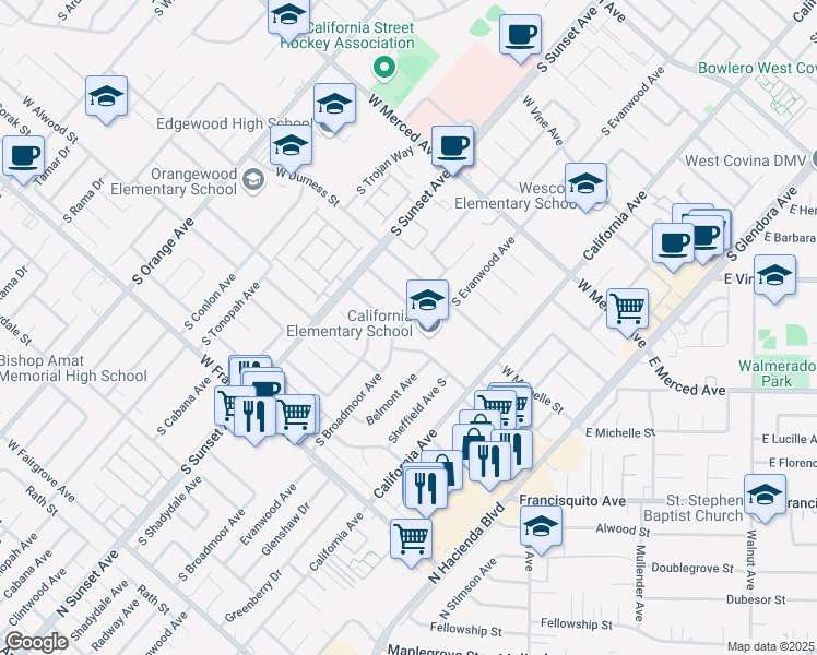 map of restaurants, bars, coffee shops, grocery stores, and more near 1442 South Broadmoor Avenue in West Covina