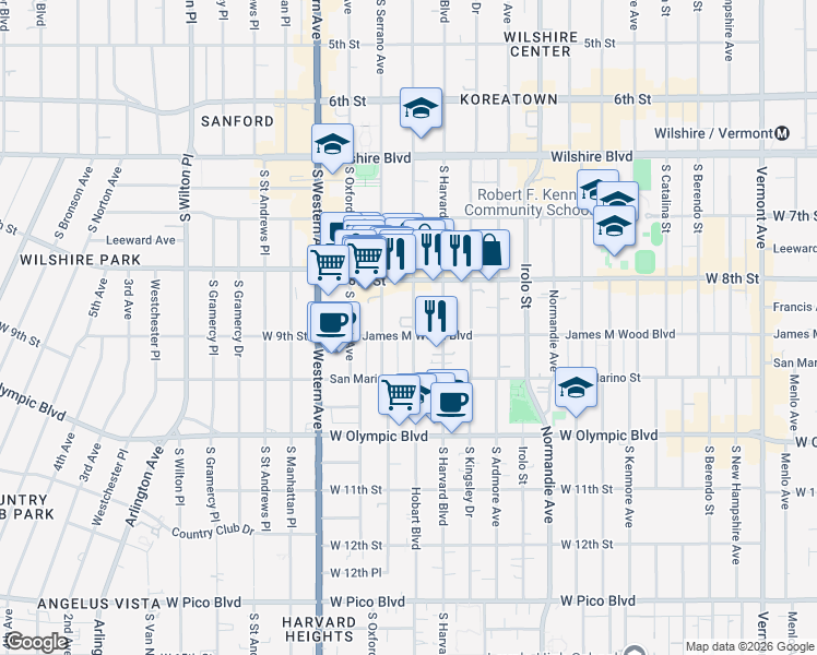 map of restaurants, bars, coffee shops, grocery stores, and more near 858 South Hobart Boulevard in Los Angeles
