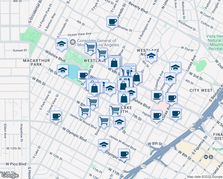 map of restaurants, bars, coffee shops, grocery stores, and more near 1656 Wilshire Boulevard in Los Angeles