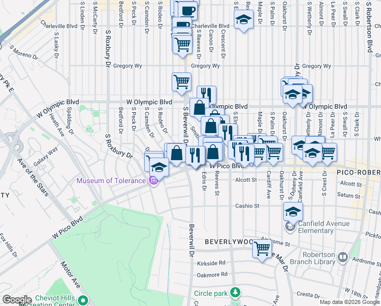 map of restaurants, bars, coffee shops, grocery stores, and more near 1170 South Beverwil Drive in Los Angeles
