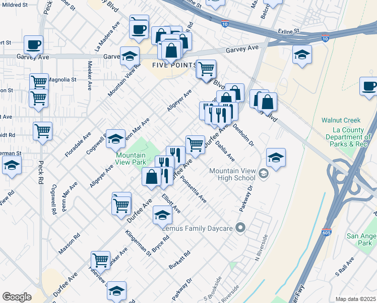 map of restaurants, bars, coffee shops, grocery stores, and more near 12240 Magnolia Street in El Monte