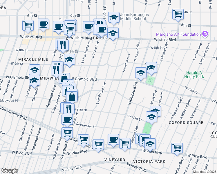 map of restaurants, bars, coffee shops, grocery stores, and more near 1037 South Tremaine Avenue in Los Angeles
