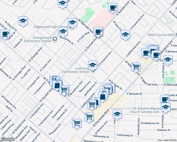 map of restaurants, bars, coffee shops, grocery stores, and more near 1442 South Broadmoor Avenue in West Covina