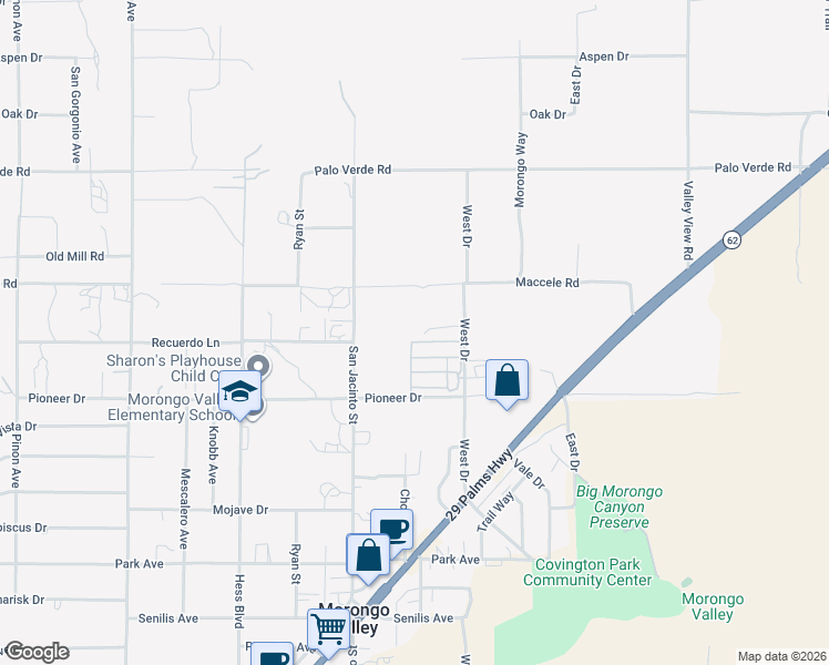 map of restaurants, bars, coffee shops, grocery stores, and more near 49833 Maccele Road in Morongo Valley