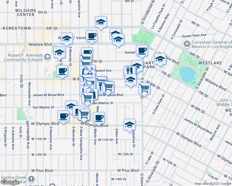 map of restaurants, bars, coffee shops, grocery stores, and more near 2743 James M Wood Boulevard in Los Angeles